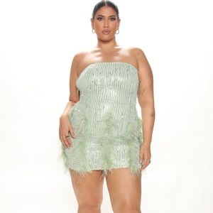 MINT GREEN SEQUIN FEATHER MINI DRESS